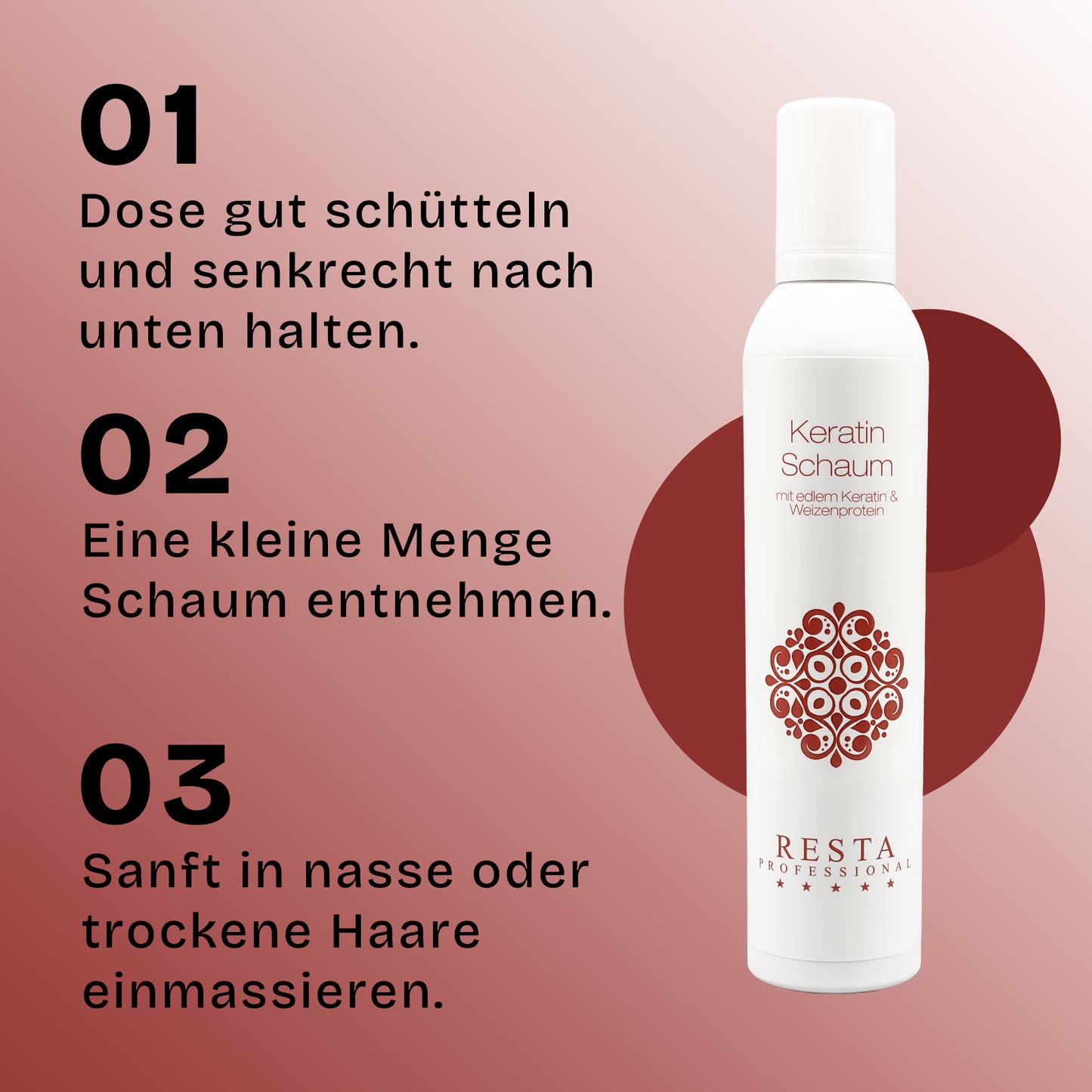 Anwendung des Cashmere Keratin Schaums in 3 Schritten – Schütteln, Einmassieren, Stylen