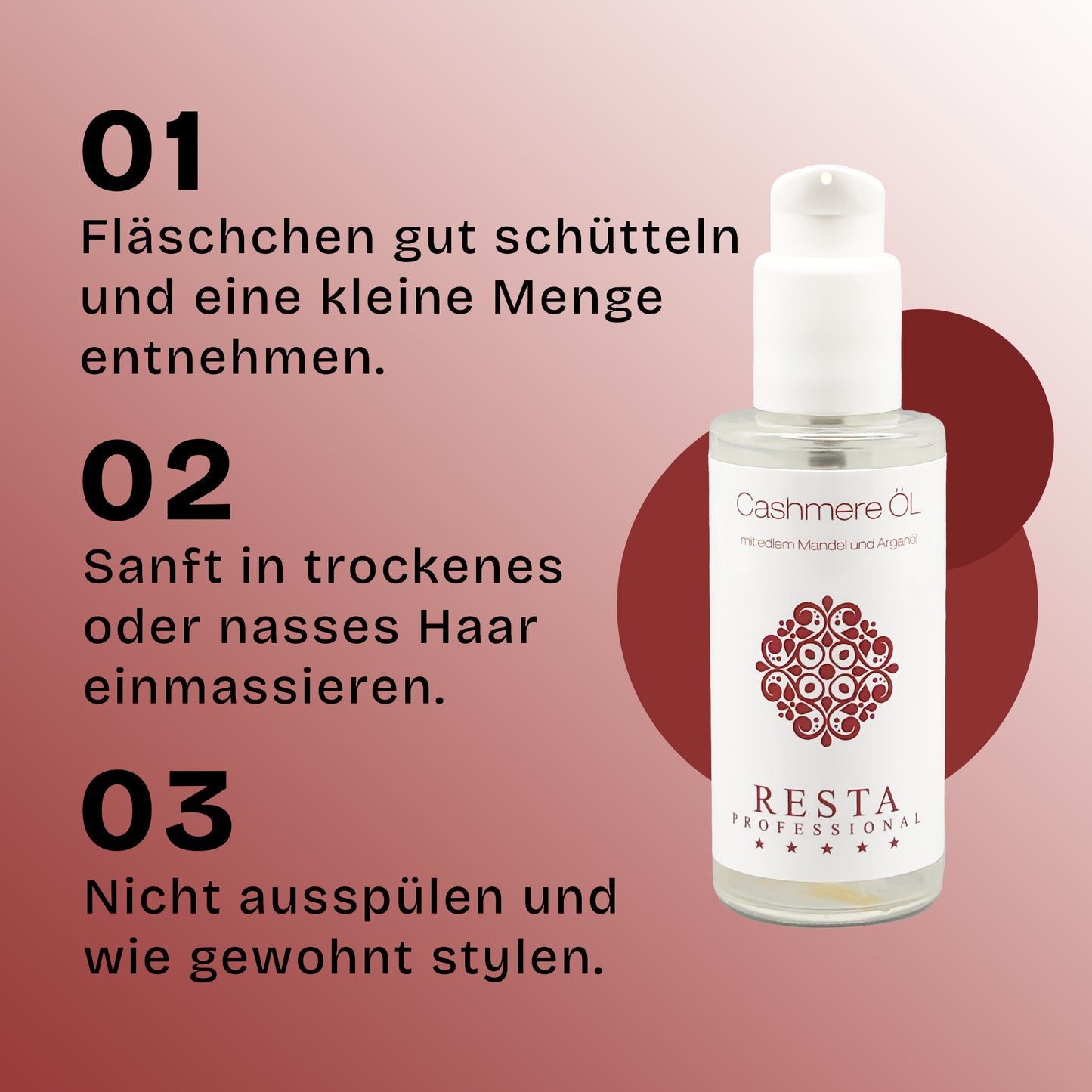 Anwendung des Cashmere Haaröls in 3 Schritten. Schütteln, einmassieren, wirken lassen