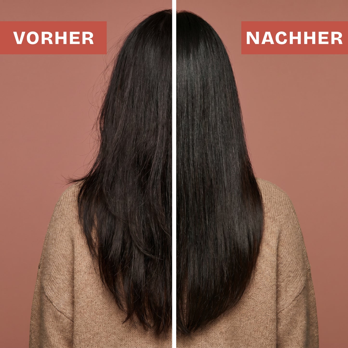 Vorher-Nachher Vergleich: glattes, frizzfreies Haar nach Anwendung des Keratin Schaums